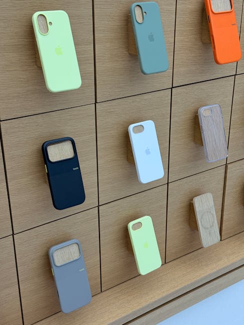 A collection of nine smartphone cases arranged on a wooden storage unit with nine compartments, displaying various colours including green, blue, navy, grey, beige, and orange. The cases are made of different materials such as plastic, silicone, and wood, with some featuring cut-outs for camera lenses and others designed for general protection. The cases are positioned both vertically and horizontally on the compartments, with some hanging over the edges or leaning against the walls of the compartments. The lighting is even, highlighting the textures and colours of each case, and the surface of the wooden unit is smooth with a natural finish. This display resembles a setup for selecting or organising phone accessories in a retail or storage context, fitting within the theme of home relocation or packing related to furniture and device transport, as often handled by companies like Man and Van Bickley.