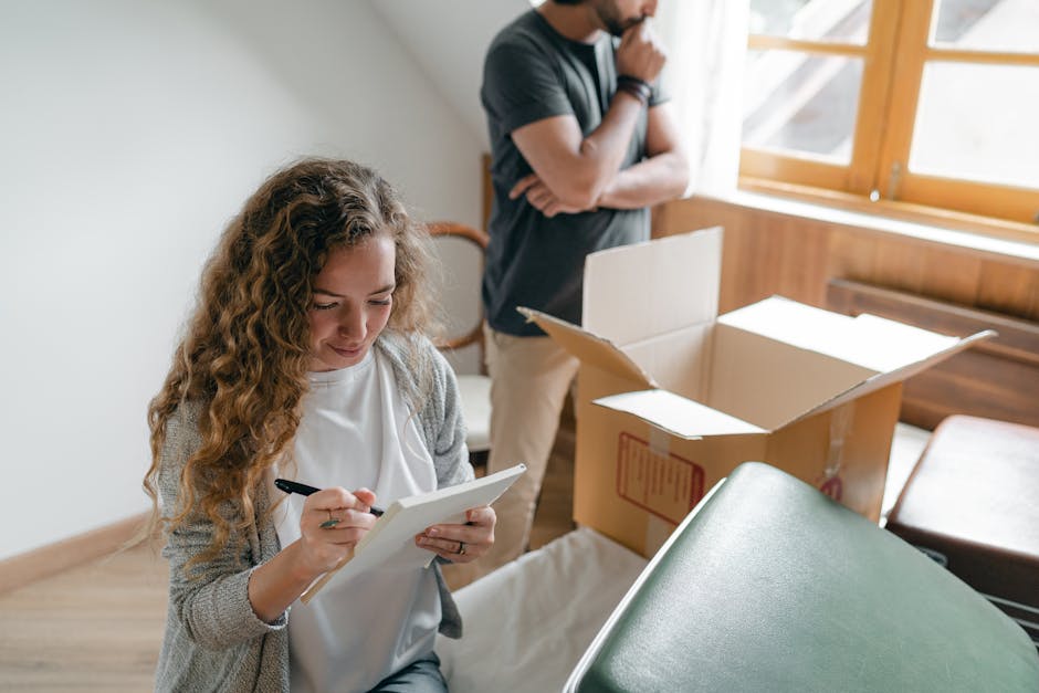 A woman with curly brown hair, dressed in a light grey cardigan and white top, is seated inside a room, taking notes on a small notepad with a pen. In front of her are several cardboard boxes, some open with packing materials visible, such as tissue paper and plastic wrap, commonly used for home relocation and packing. Behind her, a man with short hair, wearing a dark t-shirt and beige trousers, is standing near a large window with natural light illuminating the scene. He is in the process of organizing or packing items, with his hand resting on his chin, indicating planning or contemplation. The scene shows a typical interior setting with wooden flooring and minimal furniture, including a wooden chair partially visible. This environment reflects the packing and loading process involved in furniture transport or house removals, often handled by companies like Man and Van Bickley, as part of their professional removals services.