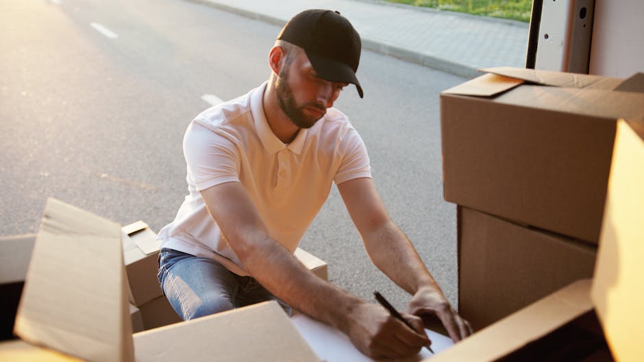 A man and a woman are engaged in a home relocation process involving packing and furniture transport. The man, wearing a white t-shirt, black cap, and wireless earbuds, is standing to the left, holding a clipboard and pen, likely taking notes or checking the packing list. The woman, with long brown hair tied back and wearing a white protective cap and black spaghetti strap top, is on the right, placing a cardboard box into a van through an open side door. The scene takes place next to a driveway or loading area with several stacked cardboard boxes and packing materials visible inside the van. The lighting is natural, highlighting the organized loading process essential for safe and efficient moving logistics. This image exemplifies proper handling and packing during a home removal, as handled by a professional service such as Man and Van Bickley, which specialises in removals and furniture transport. Capturing the careful planning and execution of a household move, it underscores the importance of proper packing materials and systematic loading, aligning with best practices in moving services.