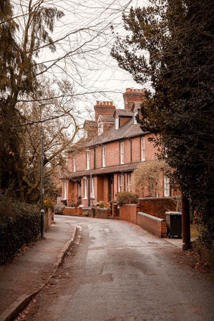 A narrow residential street lined with tall, leafless trees and brick terraced houses with small front gardens. The road is slightly curved and appears to be part of a quiet neighbourhood. The pavement runs along the left side of the street, while the right side features a low brick wall and a black wheelie bin near the curb. The scene is captured during overcast weather with diffuse lighting, suggesting late autumn or winter. This setting is typical of a home relocation or house removals process in Bickley, where furniture and boxes could be loaded onto a van for transport. Although no moving activity or personnel are visible, the environment reflects the typical environment where professional removals, such as those by Man and Van Bickley, operate, offering tailored solutions for house and garden moves in this area.